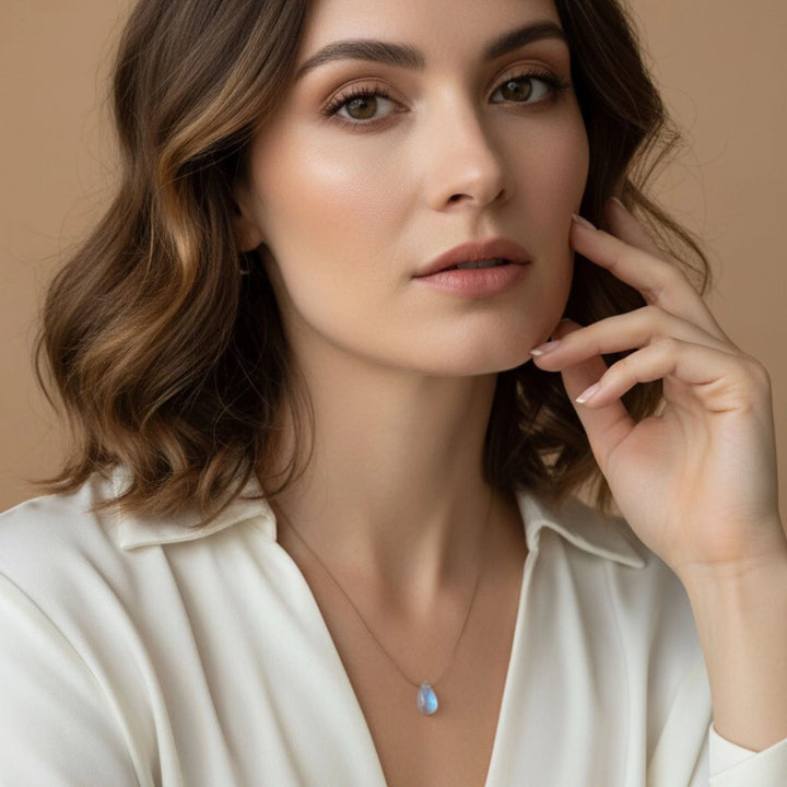 Woman wearing a necklace with a moonstone pendant against a beige background