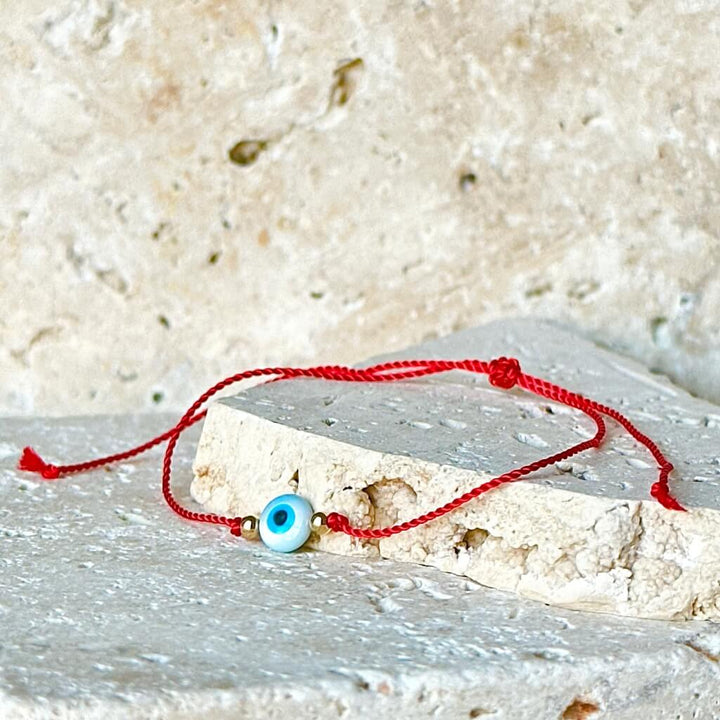 Mother of Pearl Evil Eye Red Cord 14k Solid Gold Beads Bracelet - Protective Elegance by Luck Strings.