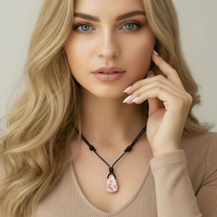 Woman wearing a necklace with a pink rodhochrosite pendant against a neutral background
