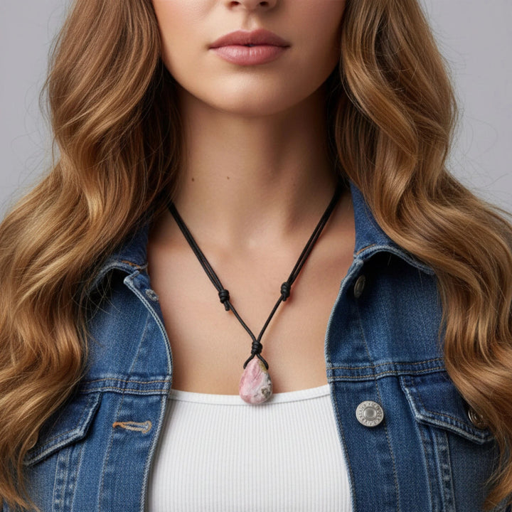 Woman wearing a necklace with a pink stone rhodochrosite pendant against a neutral background