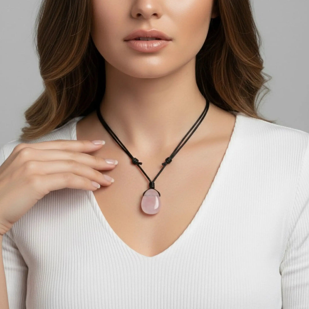 Woman wearing a necklace with a rose quartz  pendant against a neutral background
