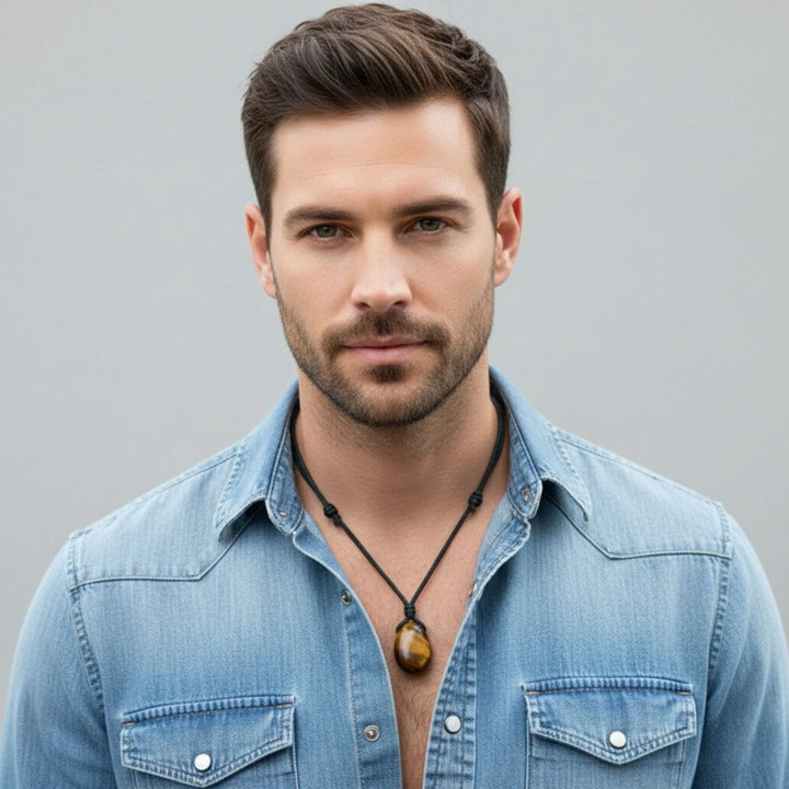 Man wearing a denim shirt with a gray background and a tigers eye pendant necklace.