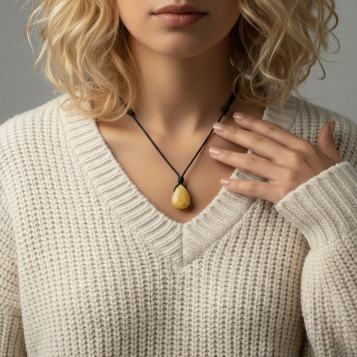 Woman wearing a beige sweater with a necklace featuring a calcite pendant.