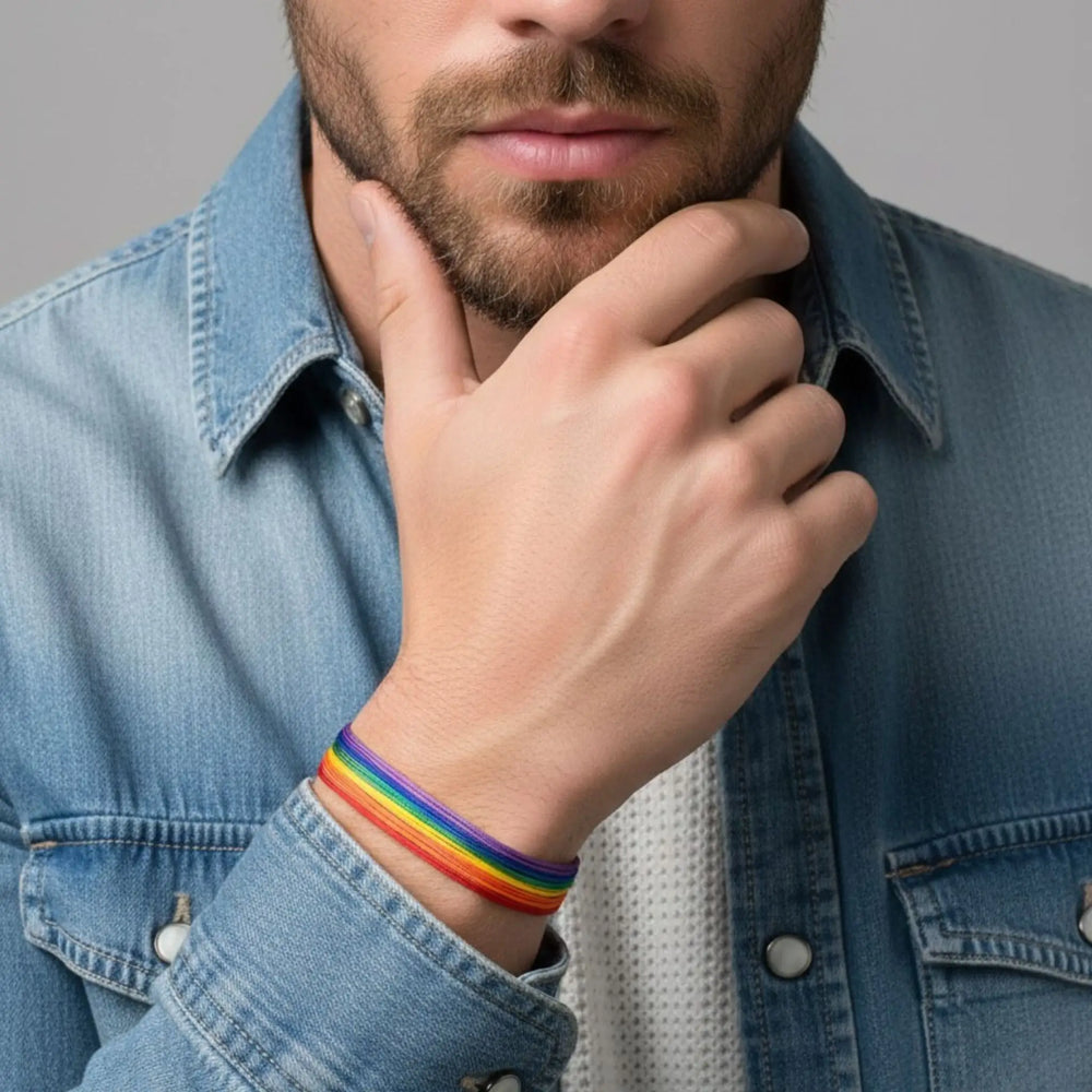 Man wearing a rainbow bracelet, touching his chin with his hand, on a gray background