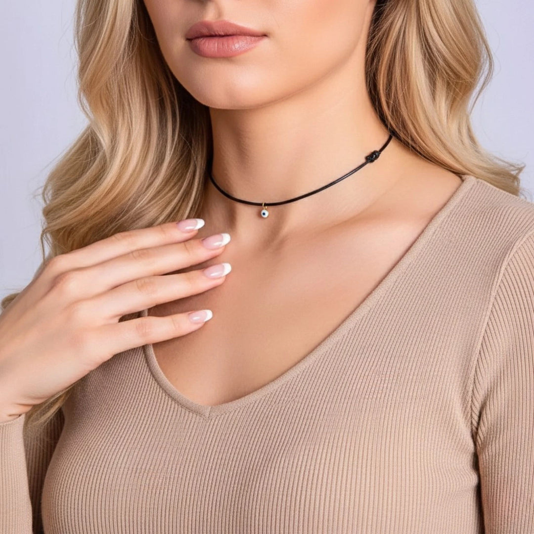 14K Gold Filled Evil Eye Choker - Adjustable, Waterproof Wax Nylon