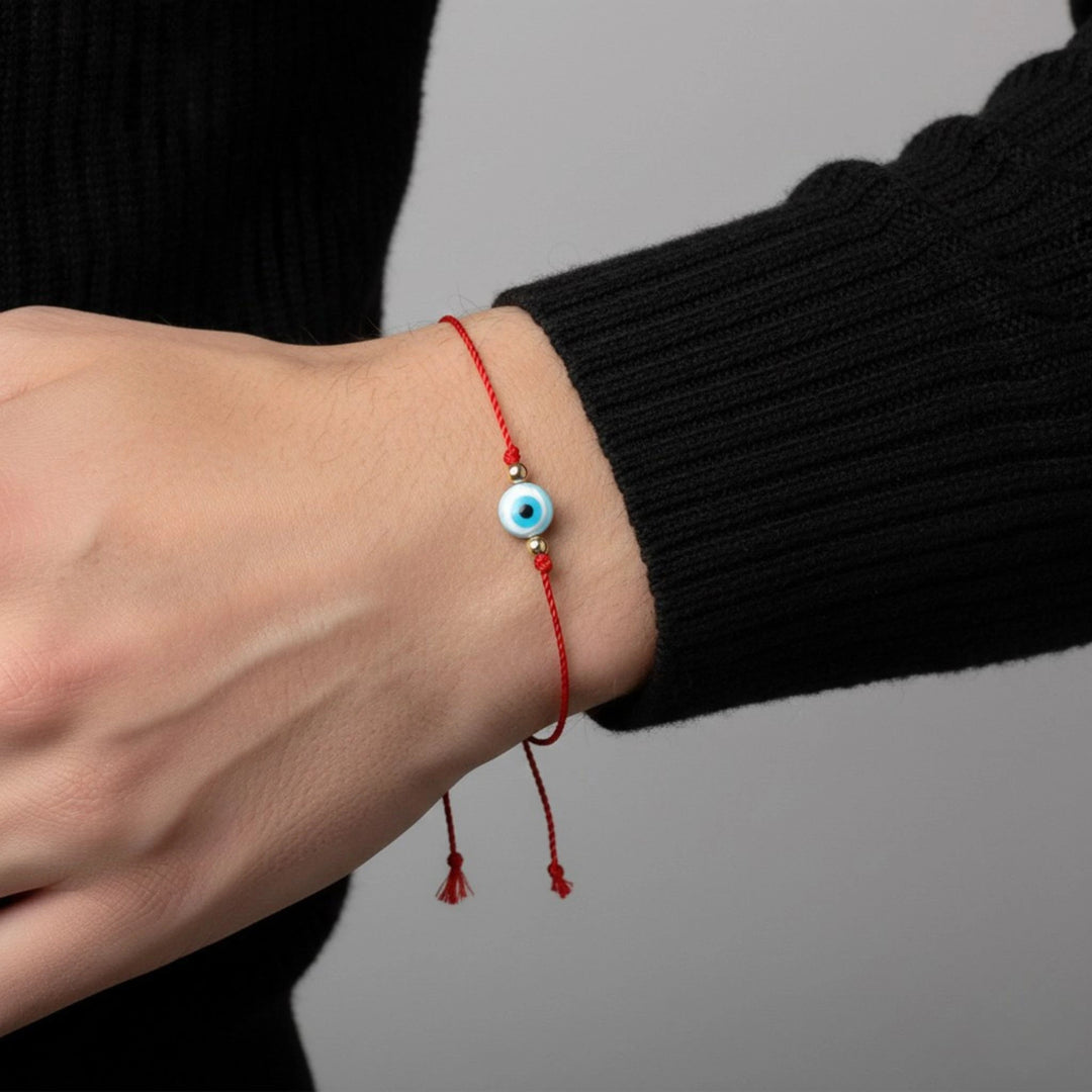 Mother of Pearl Evil Eye Red Cord 14k Solid Gold Beads Bracelet - Protective Elegance