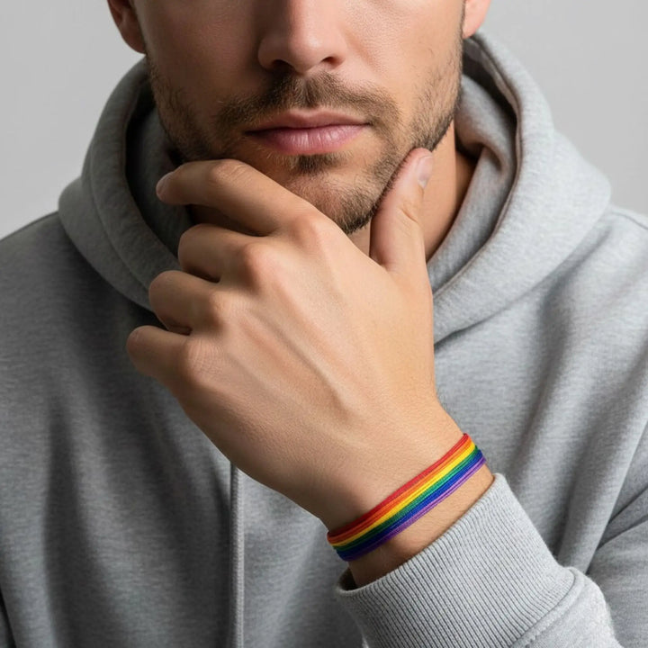 Person wearing a gray hoodie with a rainbow bracelet on a neutral background