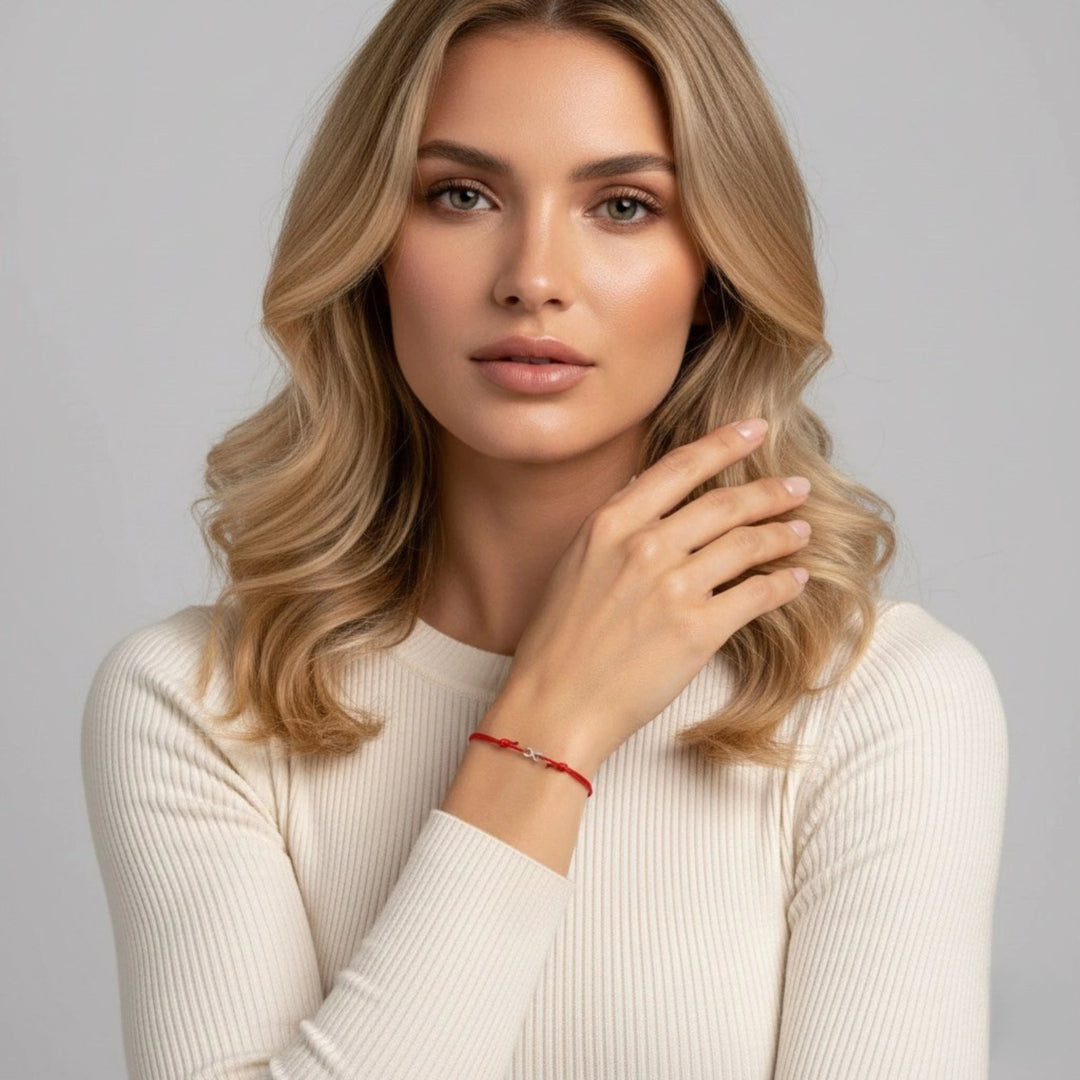 Woman with blonde hair wearing a beige sweater against a gray background