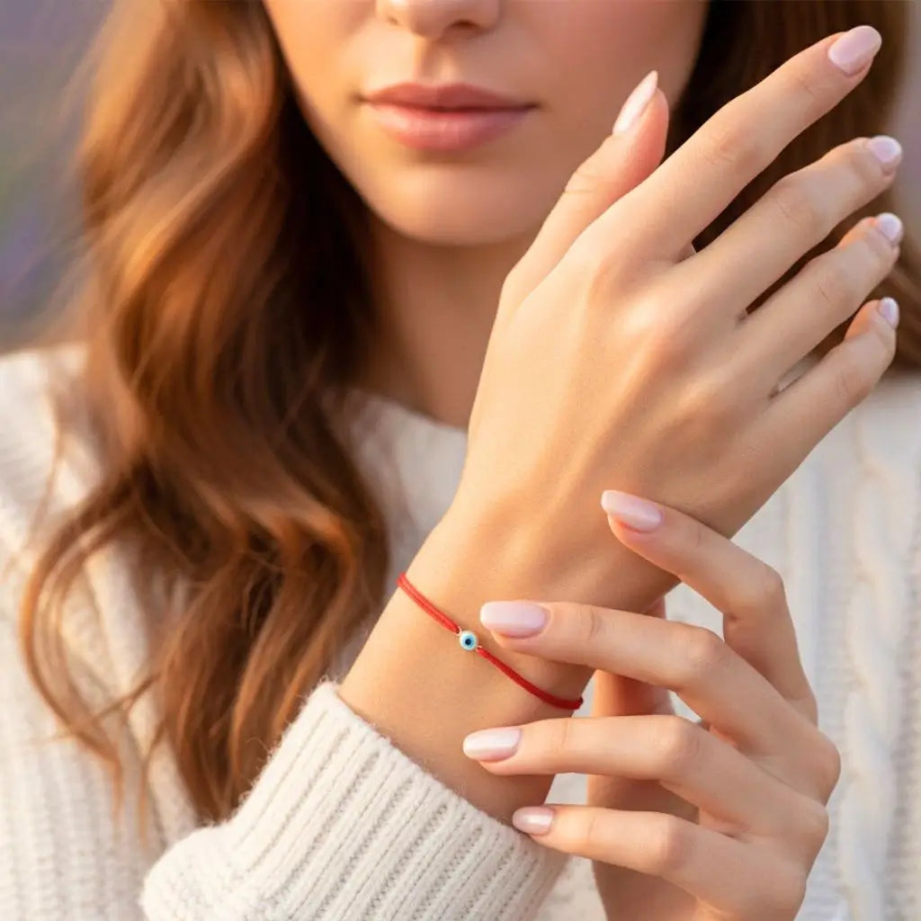 Close-up of a woman's hand wearing a red evil eye bracelet with a blurred background