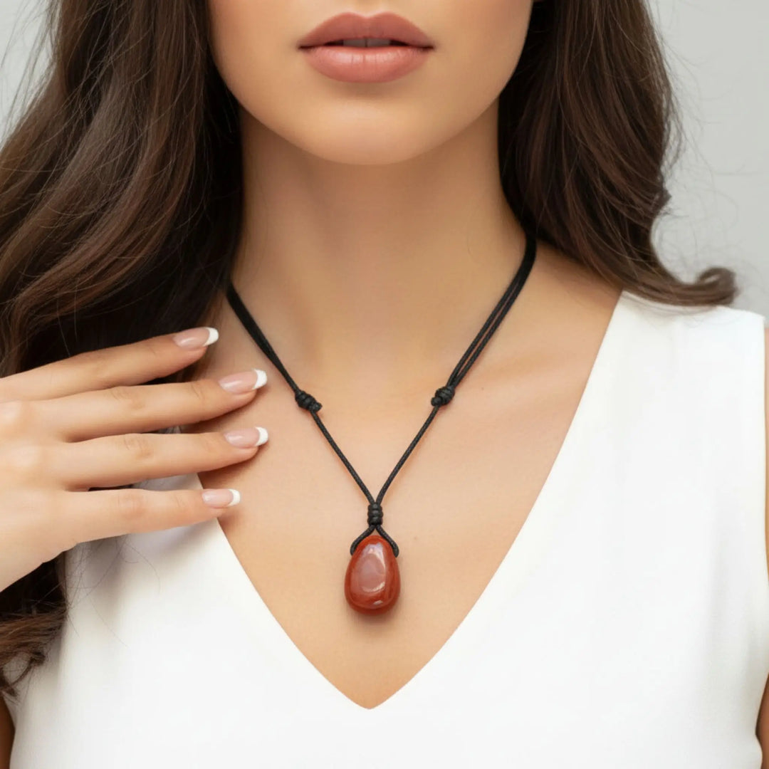 Woman wearing a necklace with a red jasper pendant against a neutral background