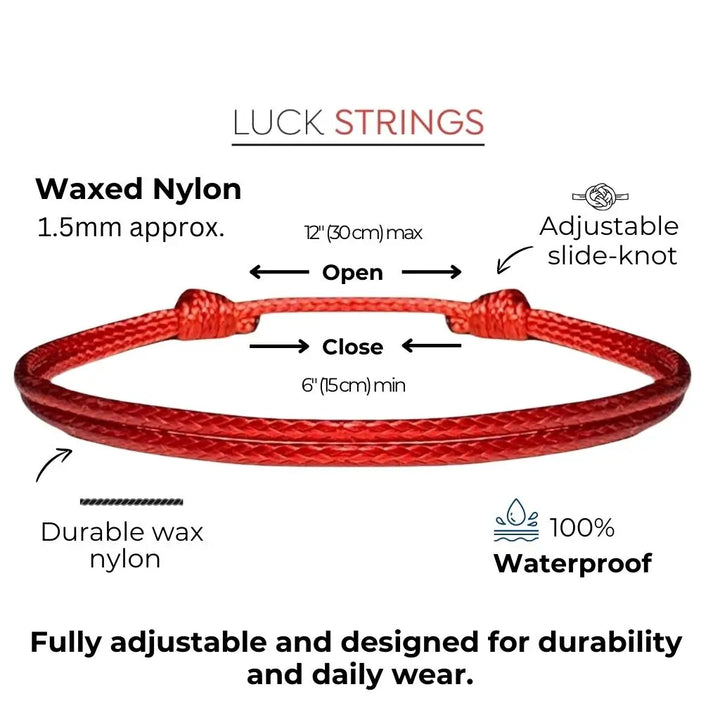 Features of Red String Bracelet - 1.5mm wax nylon, adjustable, waterproof, and durable design