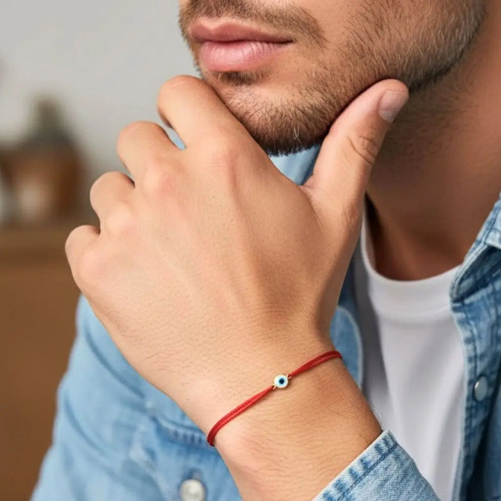 Man wearing a red bracelet with a small gold blue and white evil eye bead, touching his chin.