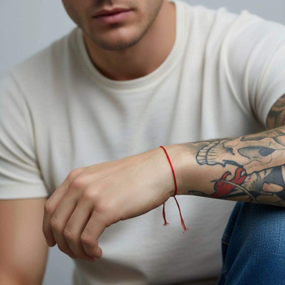 Man wearing a white t-shirt with a tattoo on his arm, holding a red string.