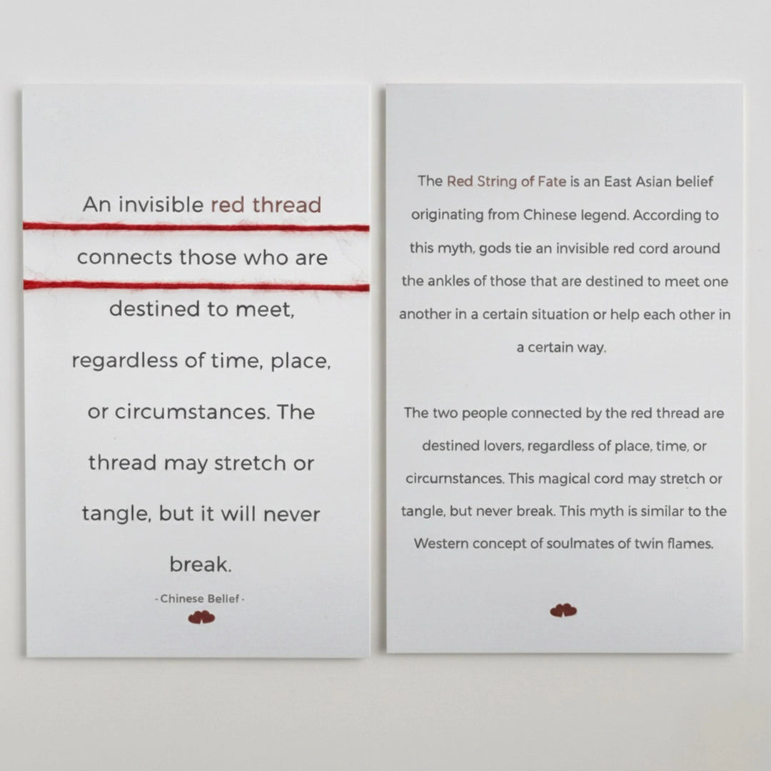 Two cards with text about the Red String of Fate belief on a white background