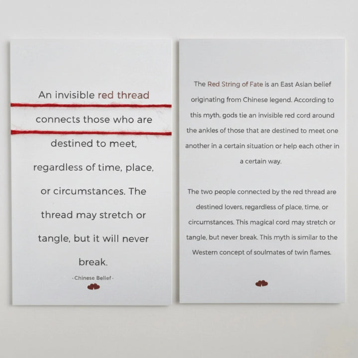 Two cards with text about the Red String of Fate belief on a white background