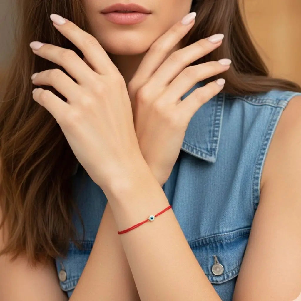 Woman wearing a red bracelet with a small gold evil eye bead, wearing a denim vest.