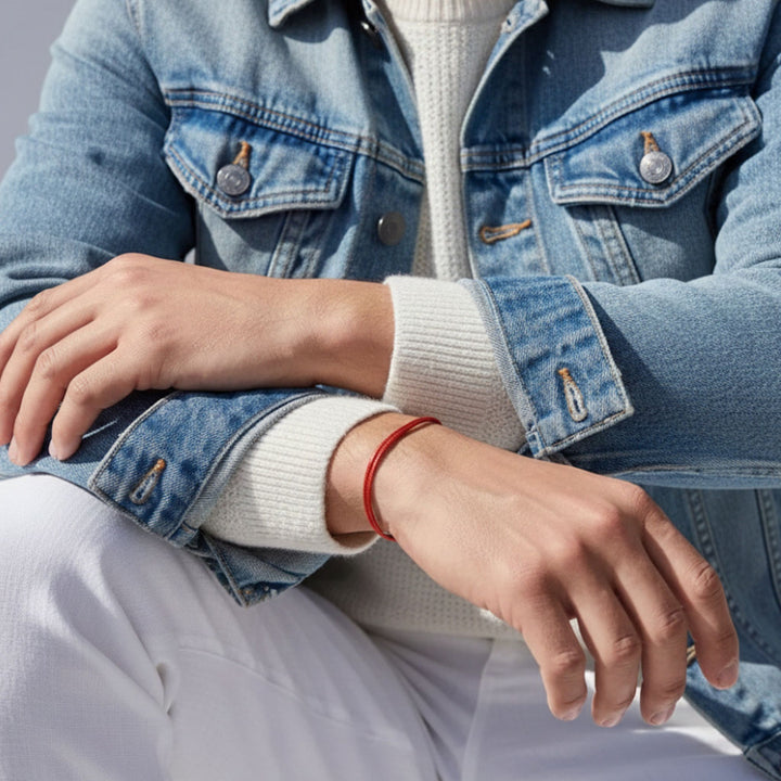 Person wearing a denim jacket with a close-up of their hands and bracelet.