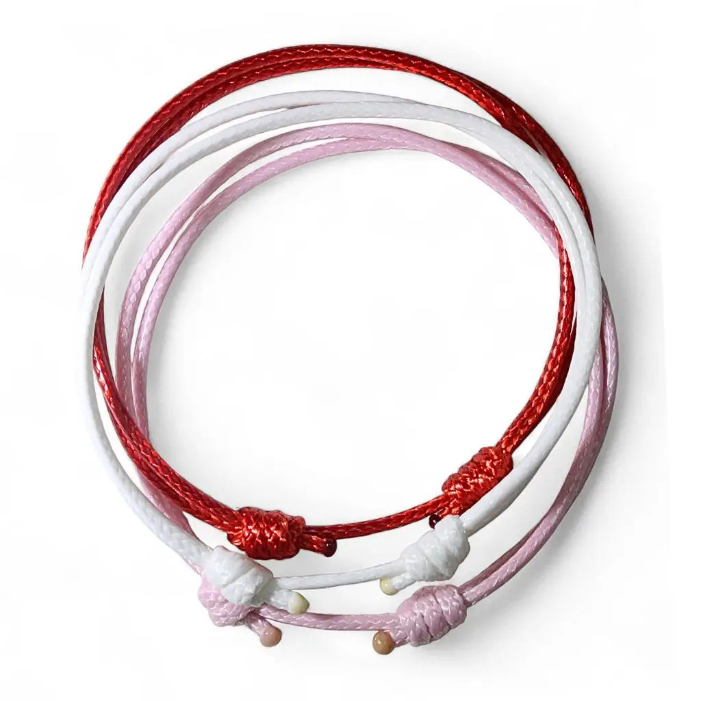Red, Pink & White Cord Bracelet Set - Sunset Glow Trio - Luck Strings