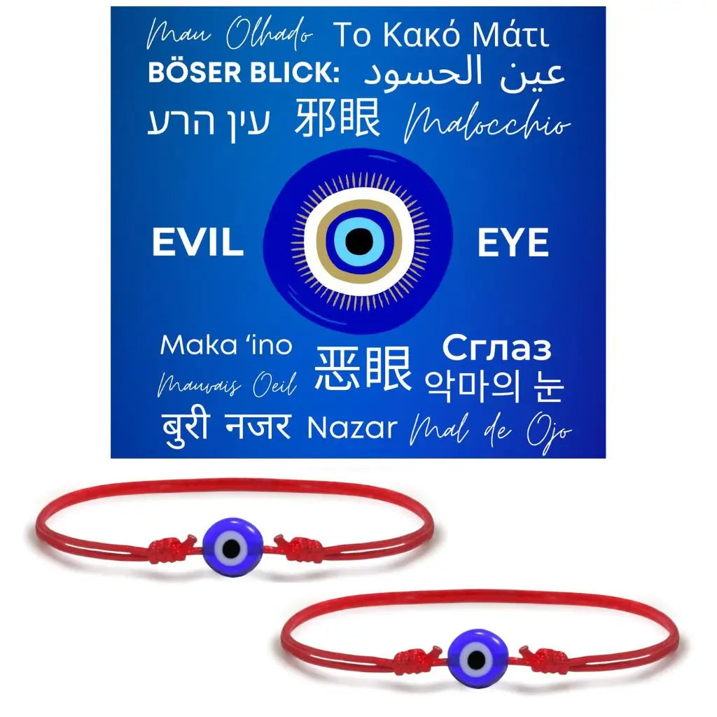 Red string bracelet with an evil eye charm and meaning in multiple languages - Luck Strings.
