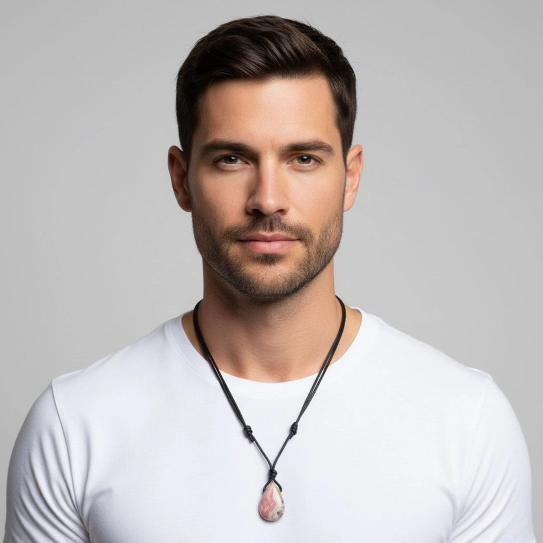 Man wearing a white shirt and a necklace with a rhodochrosite pendant on a gray background