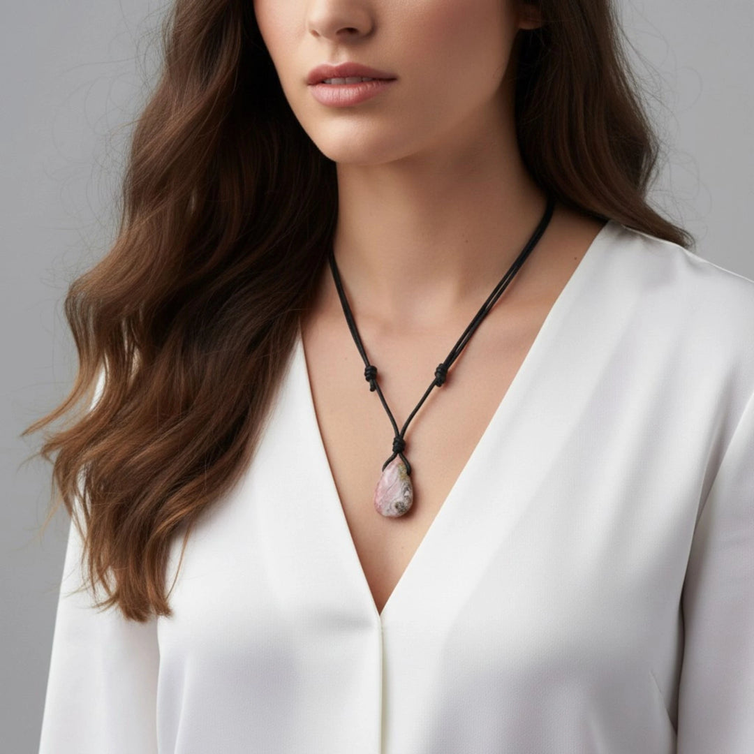 Woman wearing a necklace with a pink rhodochrosite pendant against a gray background