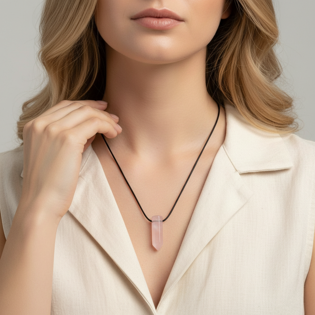 Woman wearing a necklace with a rose quartz crystal pendant against a neutral background