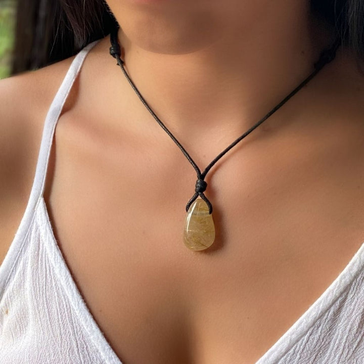 Rutilated Quartz Pendant Necklace - Adjustable Bohemian Style