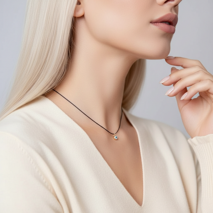 Woman wearing a delicate necklace with a small pendant against a neutral background