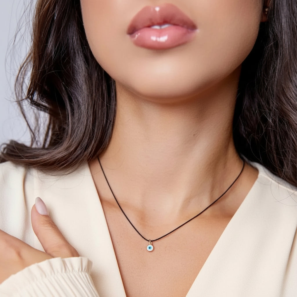 Woman gracefully wearing the Gold Turkish Evil Eye Silk Choker, its glass gold eye charm adding a touch of refined protection to her ensemble