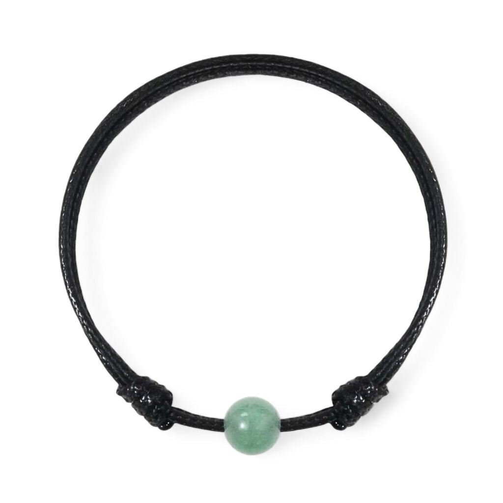 Smooth aventurine round bead bracelet on black waxed nylon cord.