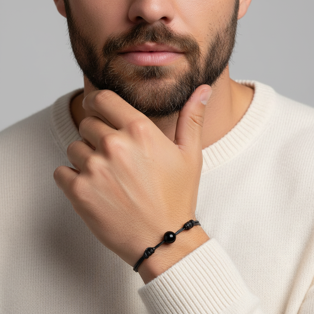 Man wearing smooth black gemstone single bead bracelet on black waxed nylon cord.

