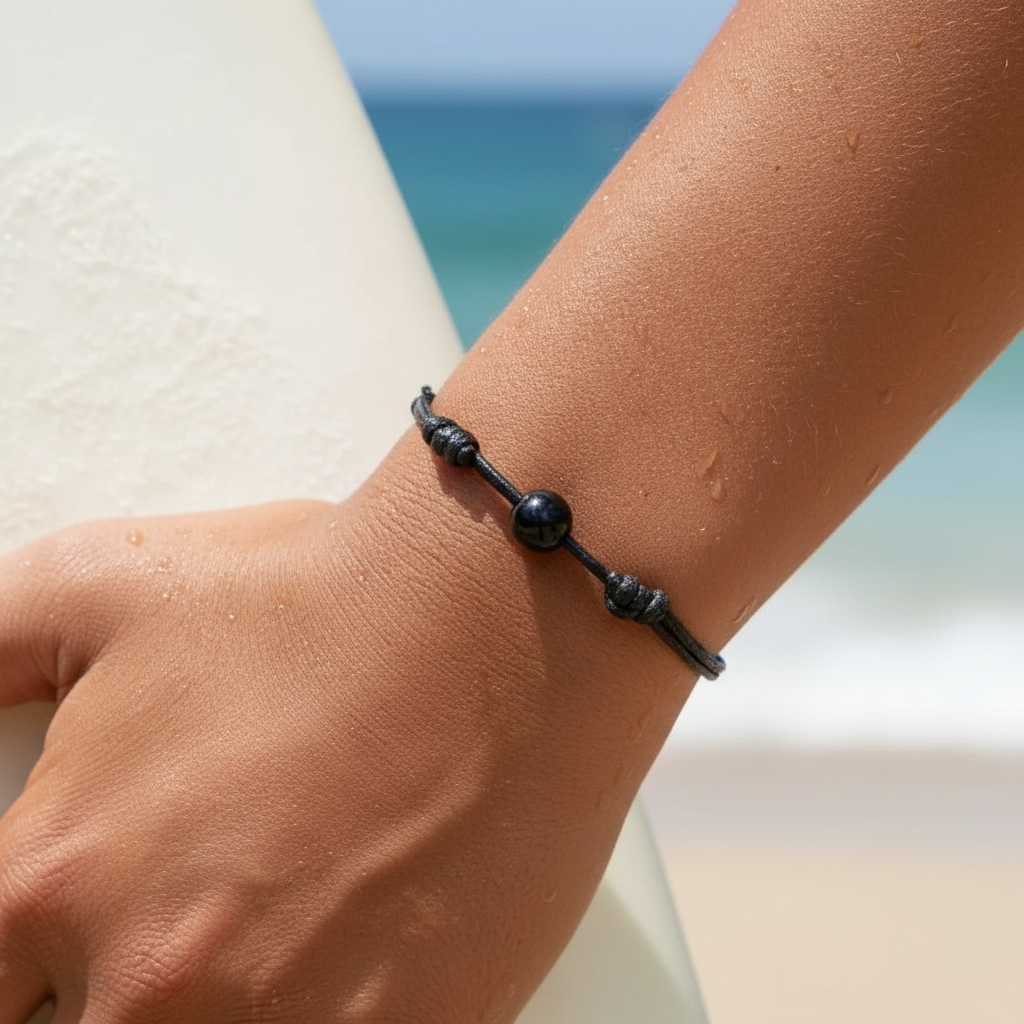 Smooth black tourmaline bead bracelet on black waxed nylon cord worn on wrist.