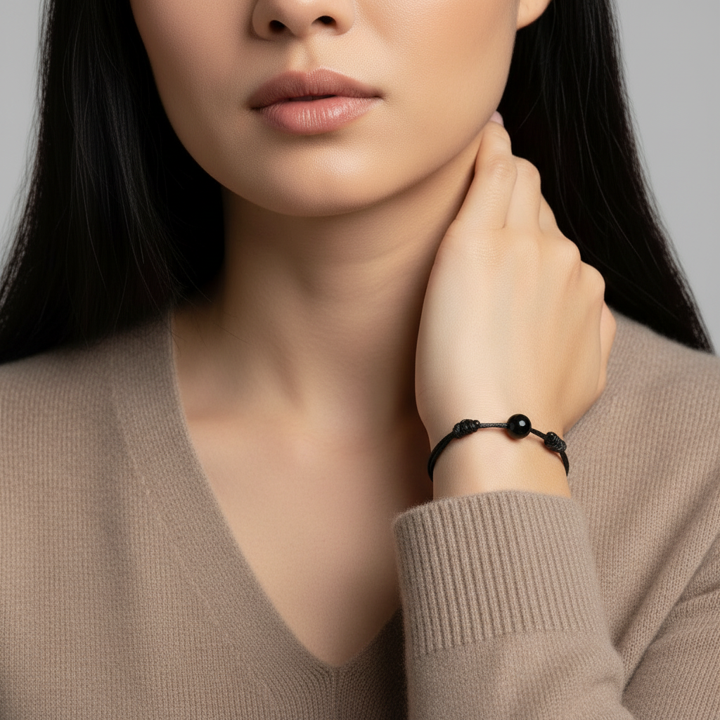 Woman wearing smooth black tourmaline round bead bracelet on black waxed nylon cord.