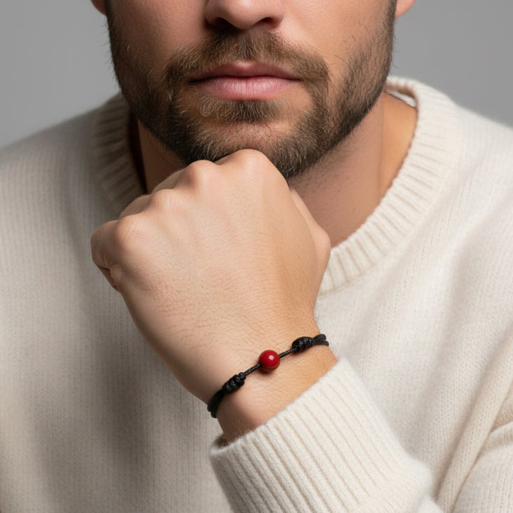 Man wearing smooth carnelian single bead bracelet on black waxed nylon cord.
