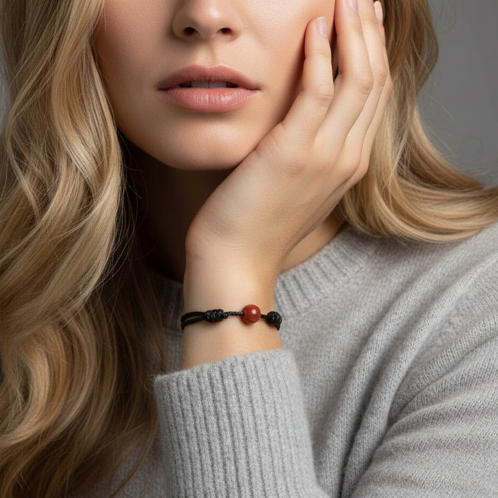 Woman wearing smooth carnelian single bead bracelet on black waxed nylon cord.
