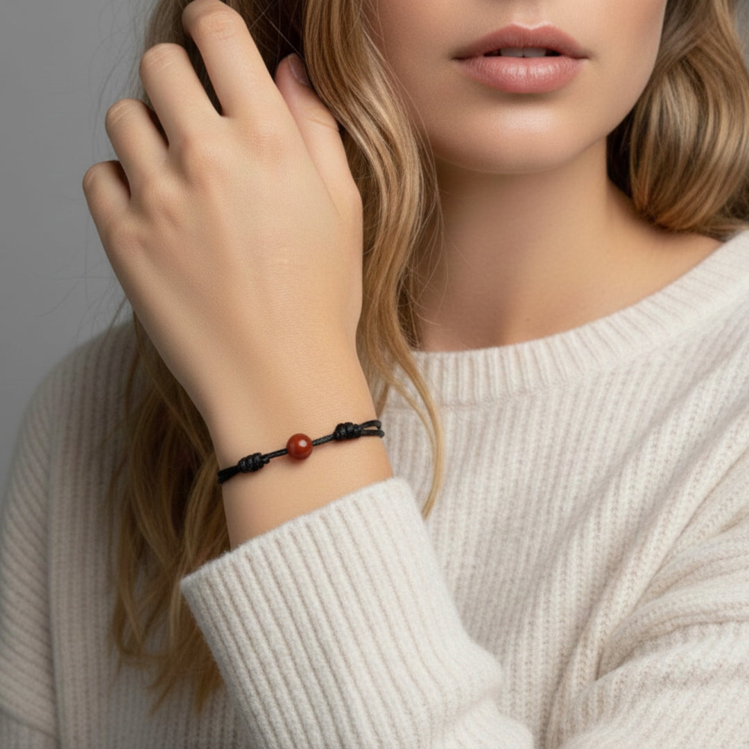 Woman wearing smooth carnelian single bead bracelet on black waxed nylon cord.

