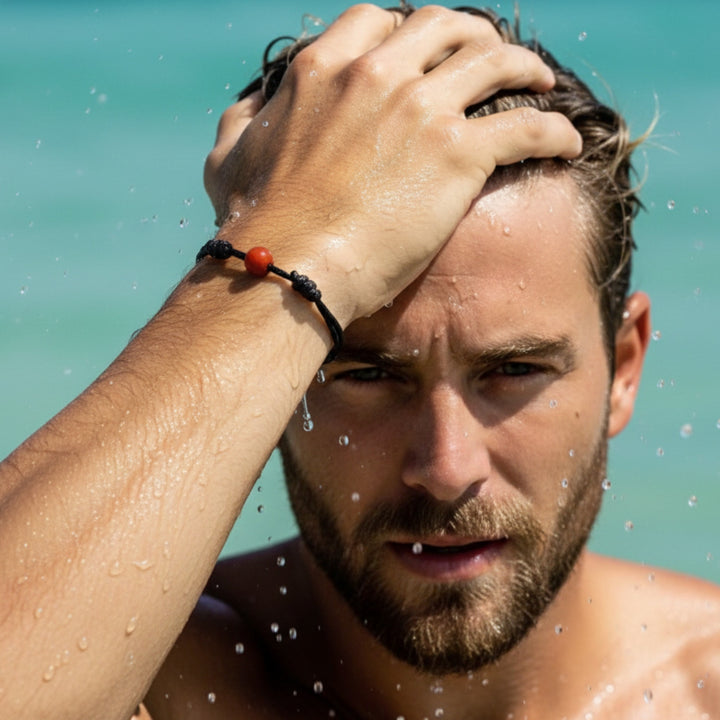 Man wearing smooth carnelian single bead bracelet on black waxed nylon cord.
