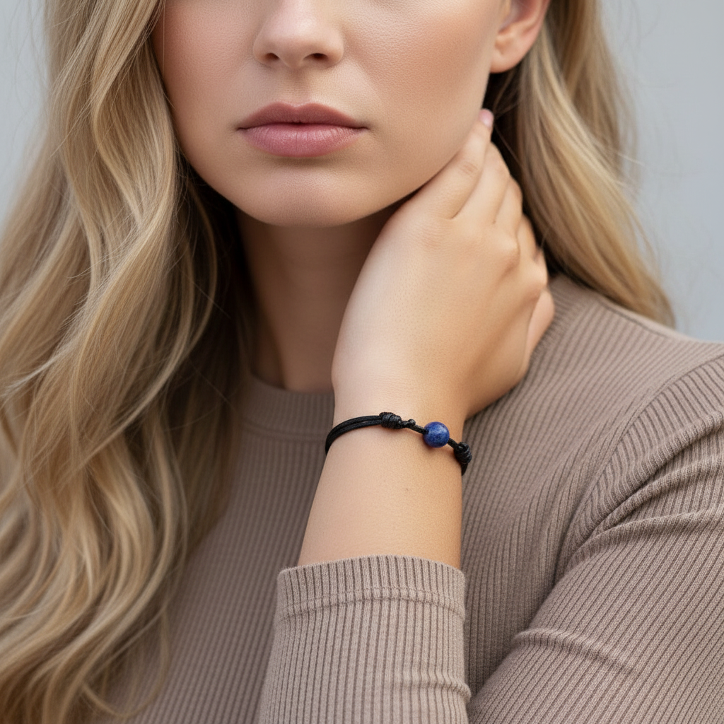 Woman wearing smooth lapis lazuli round bead bracelet on black waxed nylon cord.