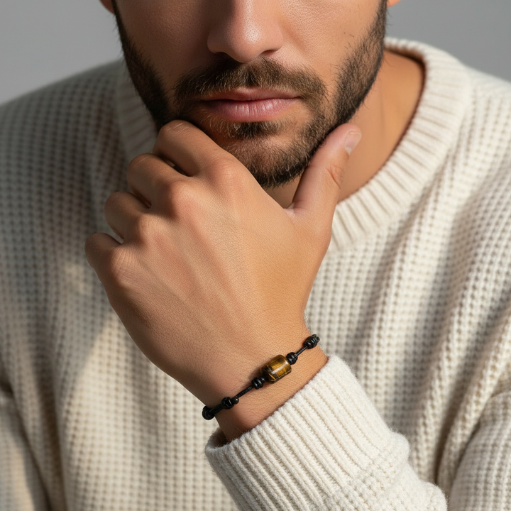 Man wearing smooth tiger’s eye cylinder bead bracelet on black waxed nylon cord.
