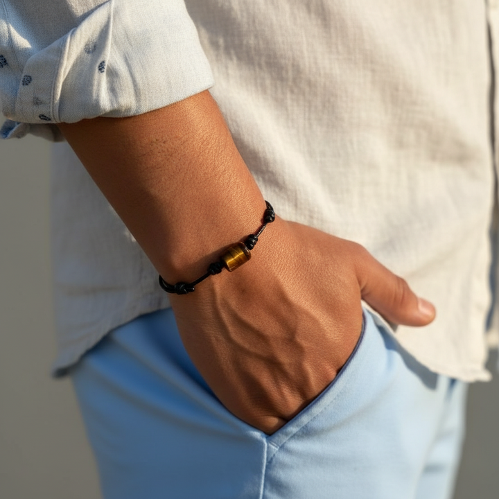 Man wearing smooth tiger’s eye cylinder bead bracelet on black waxed nylon cord.
