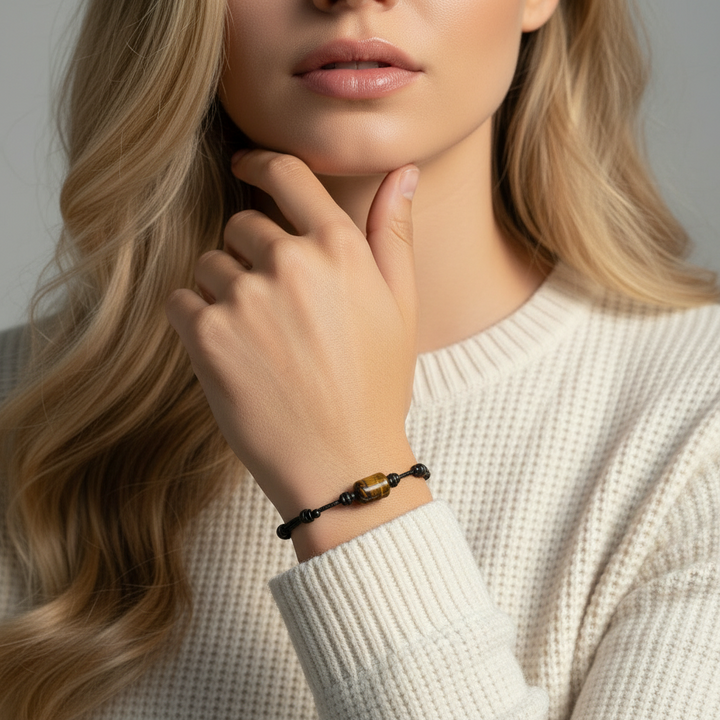 Woman wearing smooth tiger’s eye cylinder bead bracelet on black waxed nylon cord.
