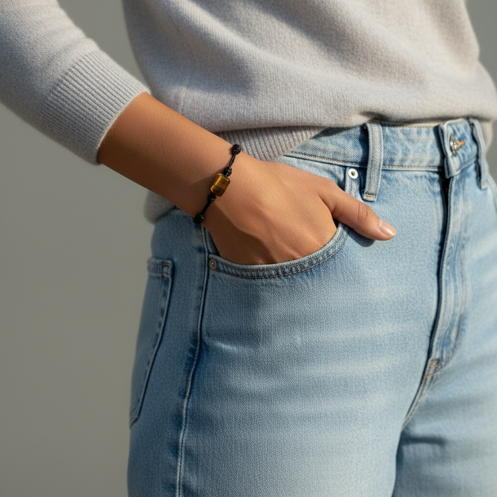 Woman wearing smooth tiger’s eye cylinder bead bracelet with hand in jeans pocket.