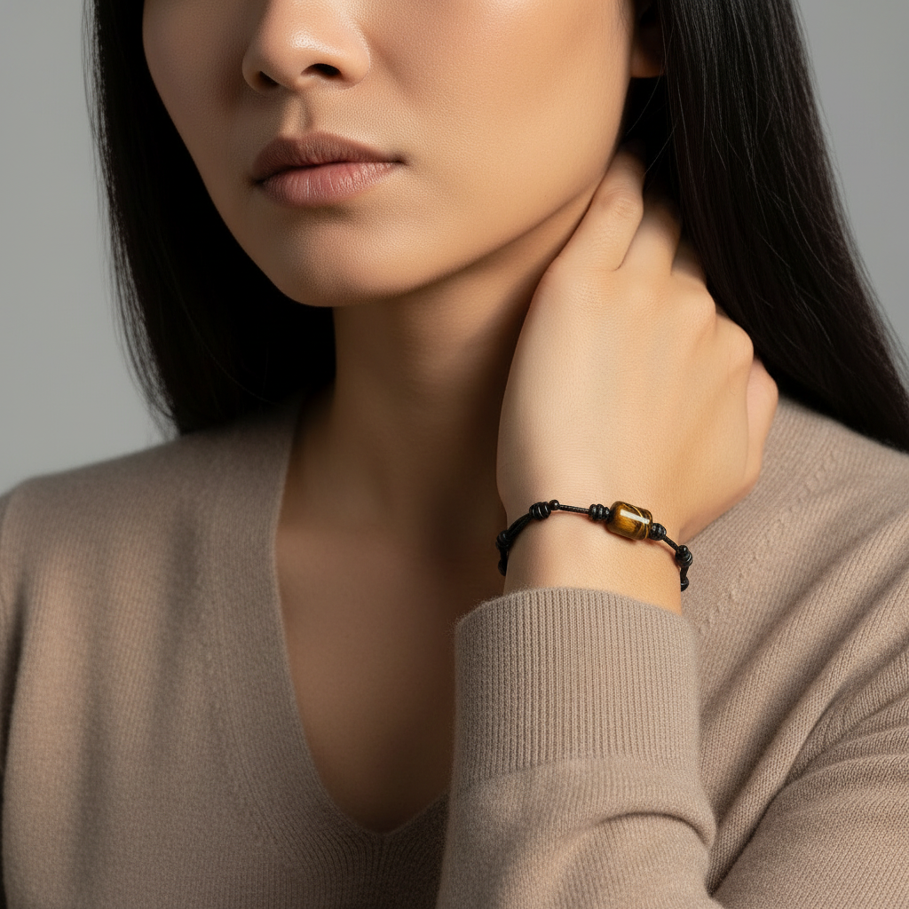 Woman wearing smooth tiger’s eye cylinder bead bracelet on black waxed nylon cord.