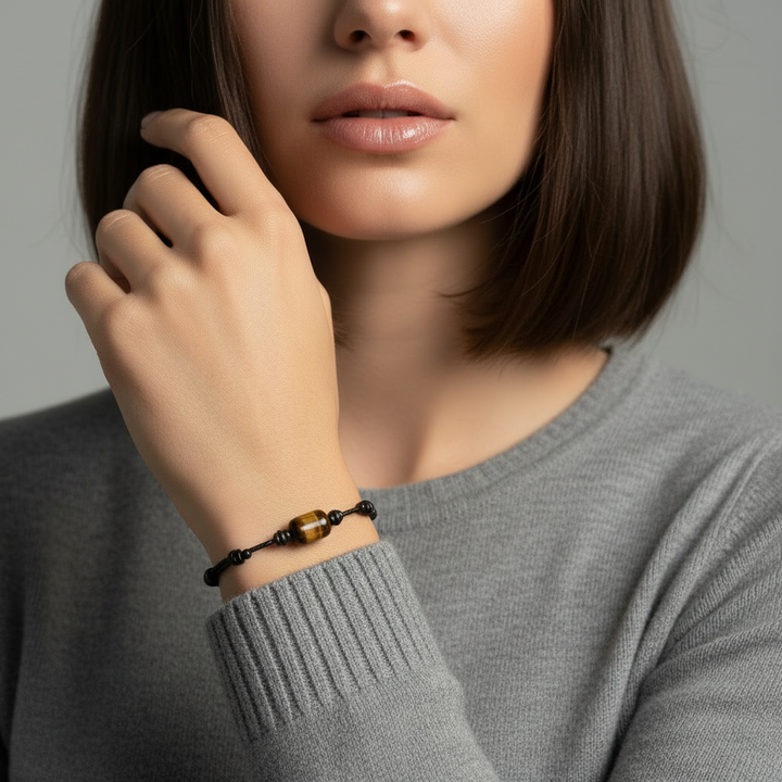 Woman wearing smooth tiger’s eye cylinder bead bracelet on black waxed nylon cord.