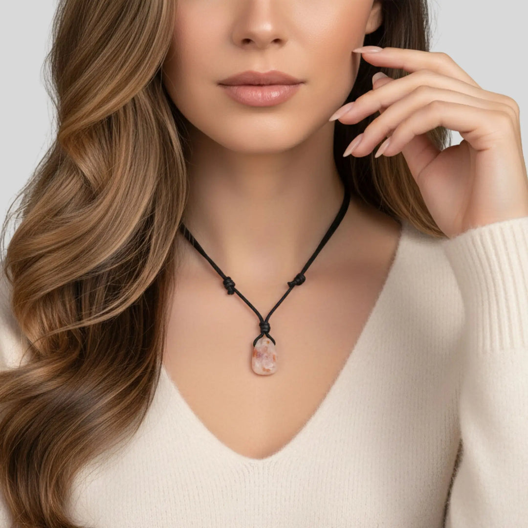 Woman wearing a necklace with a sunstone pendant against a neutral background