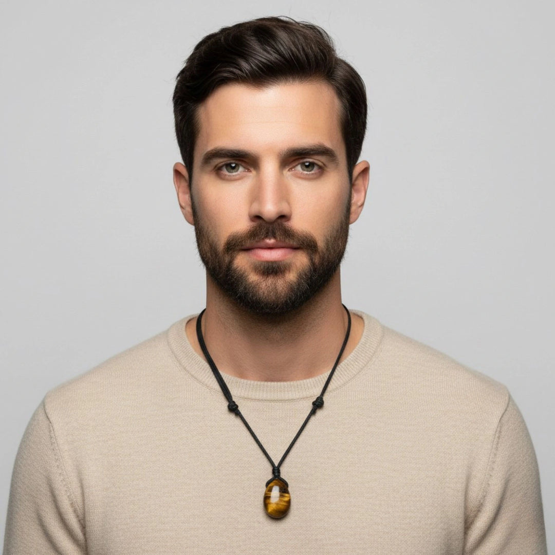 Man wearing a beige sweater and a tigers eye necklace against a gray background