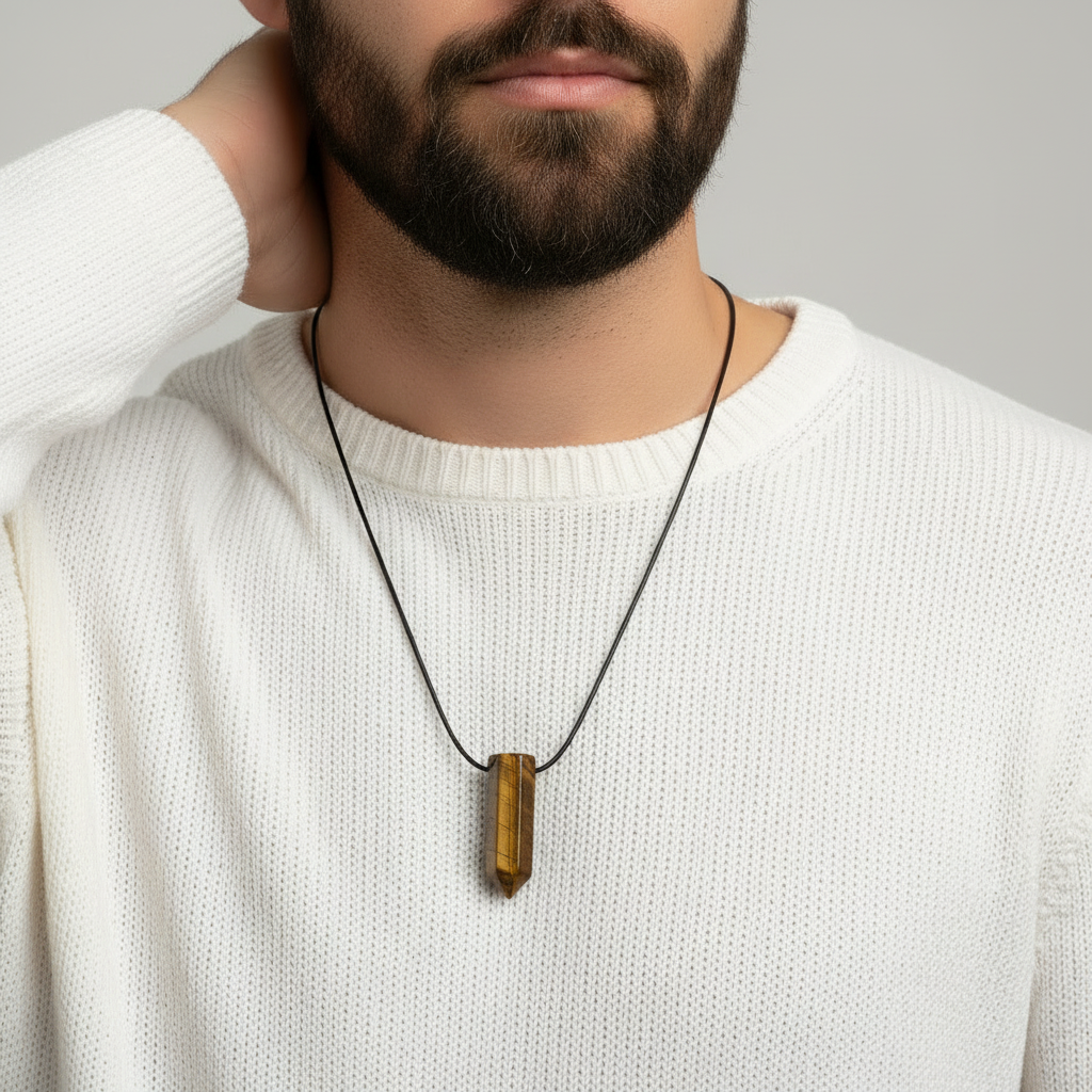 Man wearing a white sweater with a necklace featuring a tigers eye pendant.