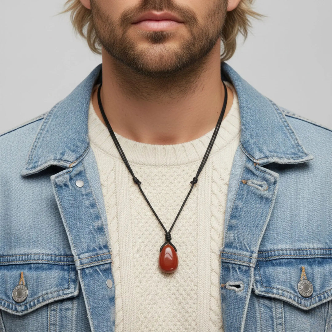 Man wearing a denim jacket and white sweater with a jasper necklace featuring a red pendant.