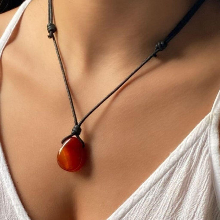 CARNELIAN GEMSTONE PENDANT ON BLACK CORD NECKLACE-Luck Strings