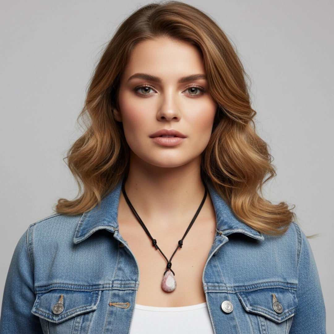 Woman wearing a denim jacket and rhodochrosite necklace with a gray background